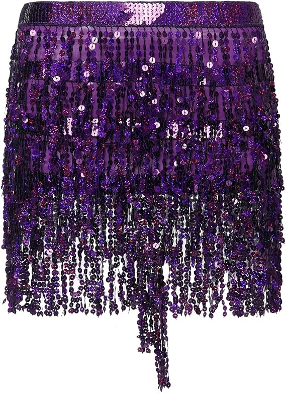 Women Sequins Belly Dance Skirt Rave Outfits Glitter Tassel Fringe Hip Scarf High Waist Shinny Party Mini Skirts