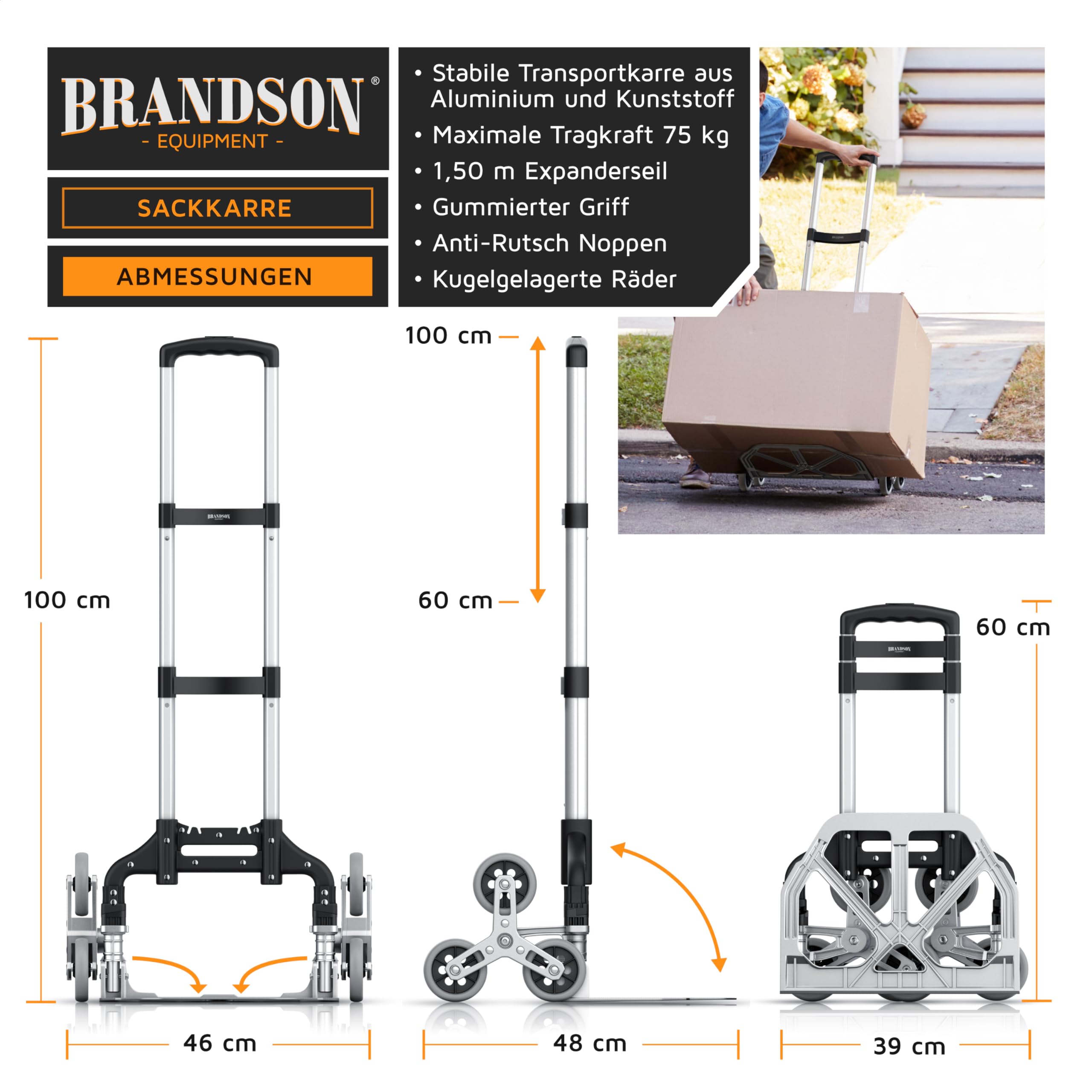 Brandson - Sackkarre Treppensteiger klappbar – 6 Räder – bis 75 kg – Transportkarre für Umzug Getränkekisten – leicht und stabil aus Aluminium