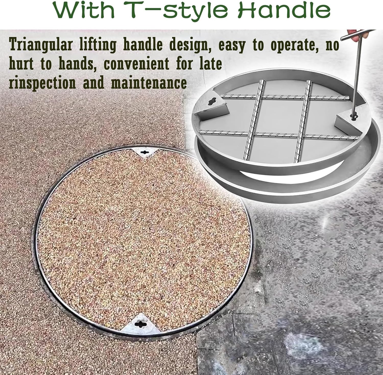 304 Stainless Steel Drain Cover - 58.4 cm Sewer Lid with E and Lift Design 8 cm Height Invisible Wastewater Cover for Sewa Treatment and Septic Tank