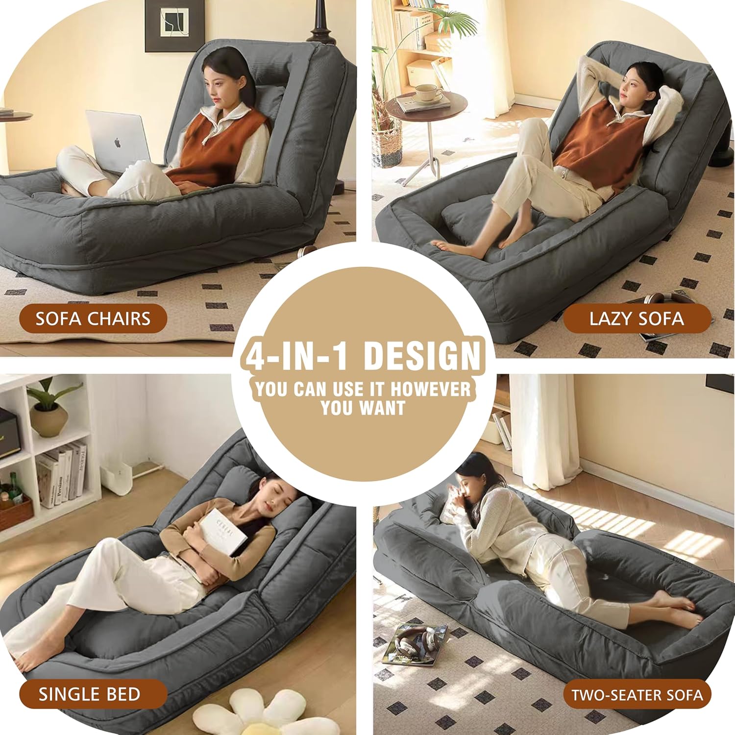 Upholstered Human Dog Bed for Adult Foldable, Convertible Lazy Sofa with 5 Adjustable Positions, Comfy Tatami Bean Bag Sofa with 2 Soft Pillows for Bedroom, Living Room, Office (Grey)