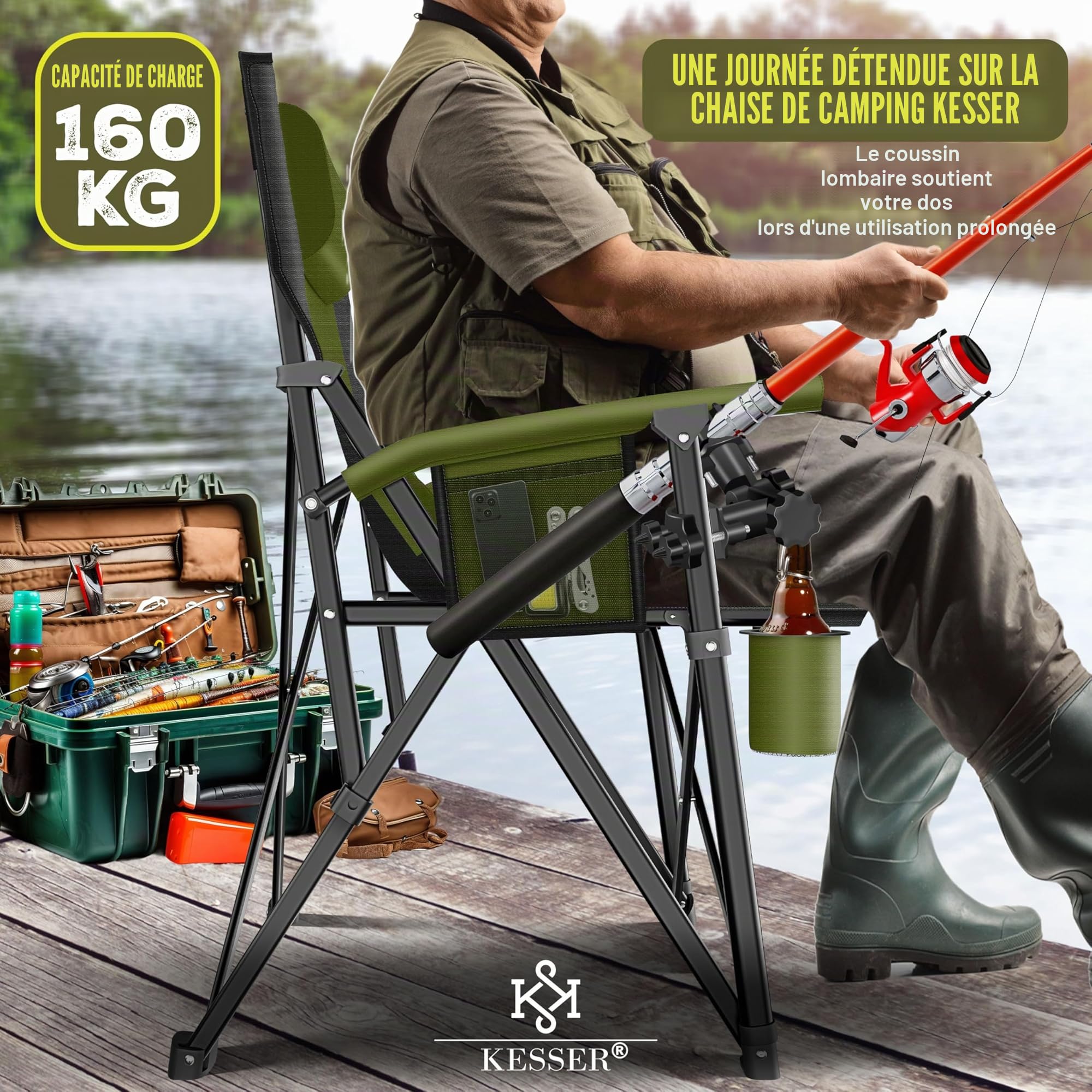 KESSER® Chaise de camping pliable jusqu'à 160 kg, Chaise de pêche pliante rembourrée avec accoudoirs, Lampe de camping et porte-gobelet + sac à dossier haut, Chaise de plage avec support de pêche