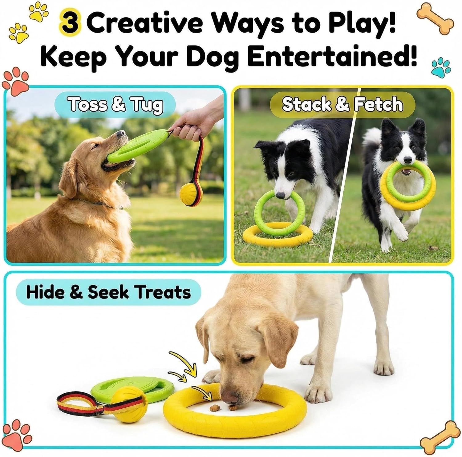 5 Pack Dog Toys for Aggressive Chewers, Durable EVA Tug Rings Flying Disc Ball & Rope Ball for Small Medium Large Dogs, Puppy Teething Toys with Teeth Cleaning, Interactive Fetch Tug Toys