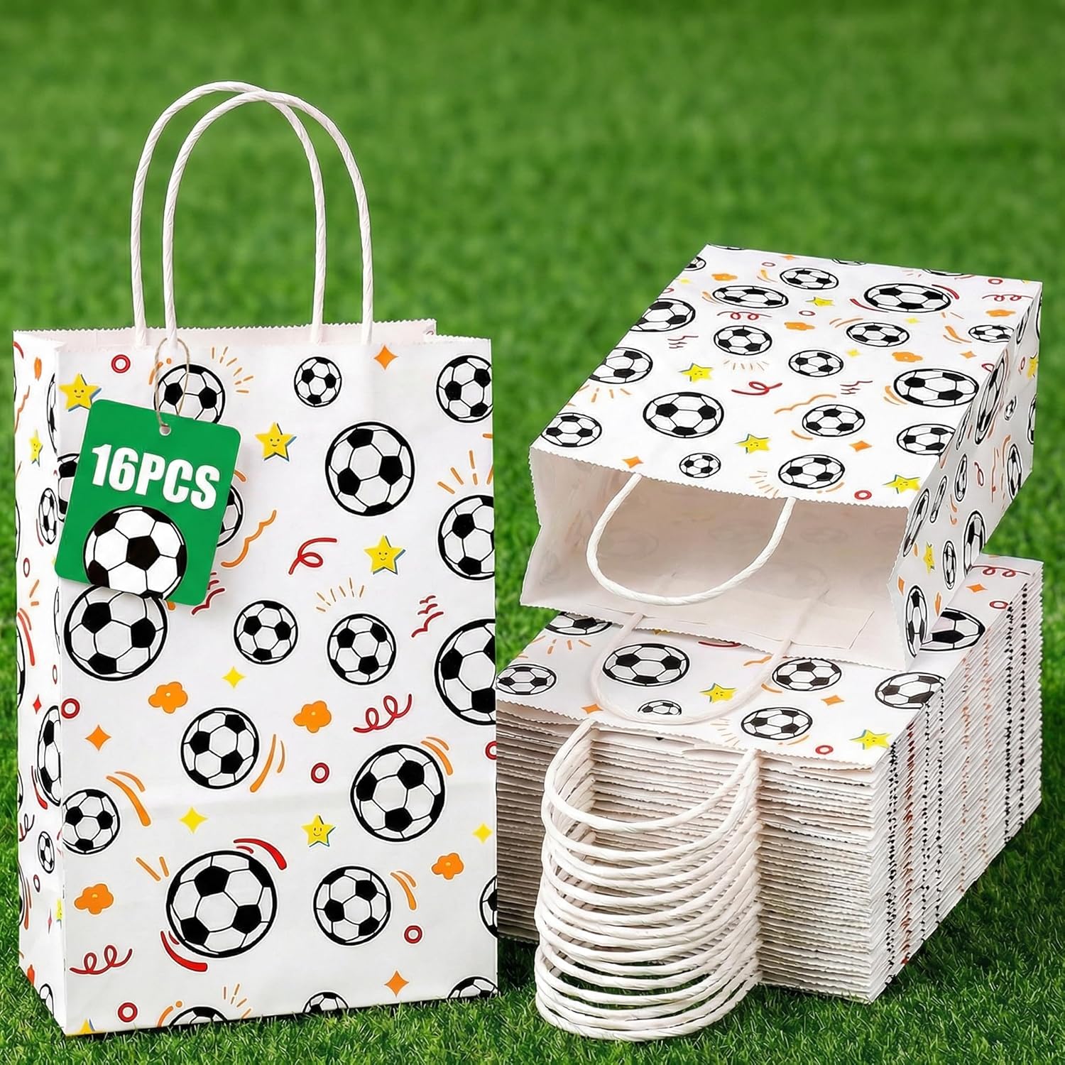 VGOODALL 16 Pack Soccer Goodie Bags, 5.5″x2.8″x8″ Party Favor Bags with Handles for Kids Birthdays, Sports Theme Decorations, Gift Giving Bulk Supplies