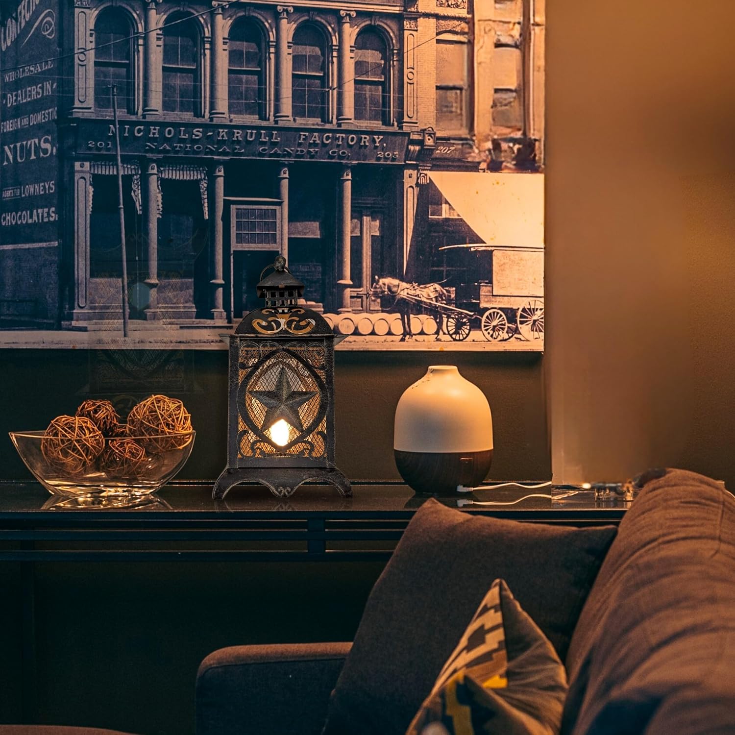 Rustic Western Lantern Lamp with Star Silhouette Design – Vintage Plug-in Metal Table or Hanging Lamp – Decorative Lodge Country Home Décor Accent – Unique Gift for Living Room, Bedroom, or Office