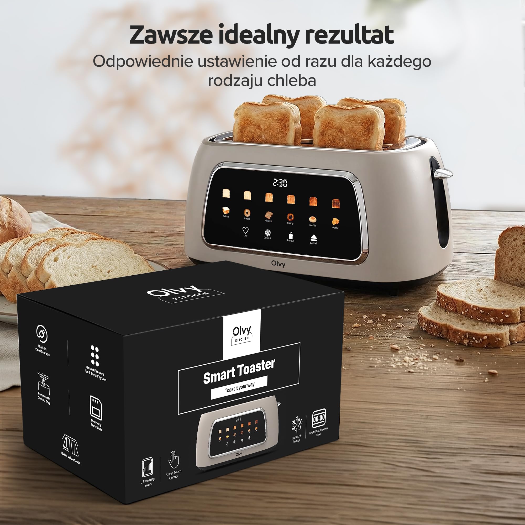 Olvy Toster na 4 Kromki z Wyświetlaczem LCD i Timerem Odliczającym – Ekstra Szerokie Szczeliny na Gruby Chleb – 6 Poziomów Zrumienienia, Rozmrażanie i Podgrzewanie – 1500W – Beige