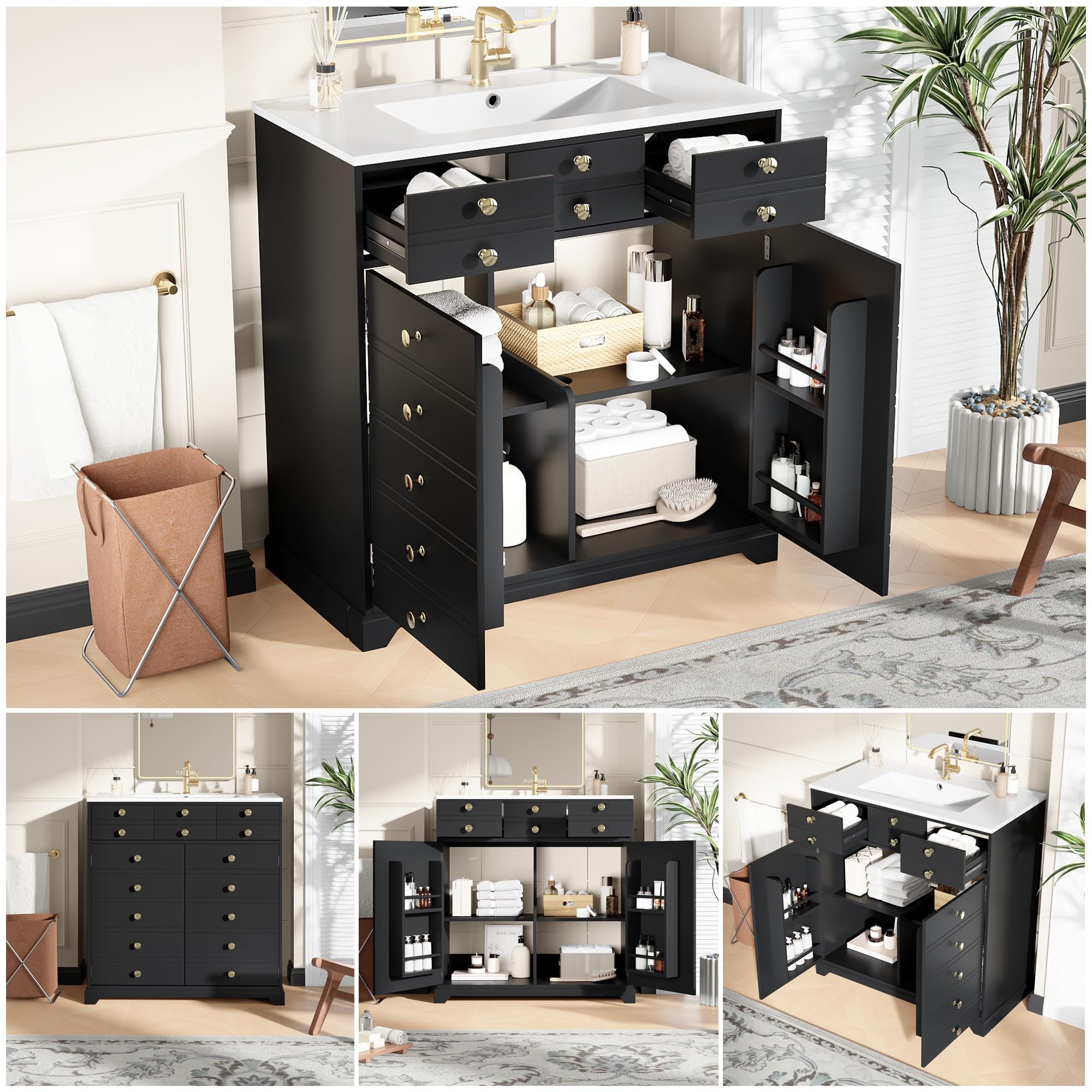 Waschbeckenschrank mit Vielseitiger Stauraum, Badezimmerschrank mit 2 Schubladen und Verstellbare Einlegeböden, Keramikwaschbecken, Moderner Badmöbel, Schwarz-D, 91.5x47x86.5 cm