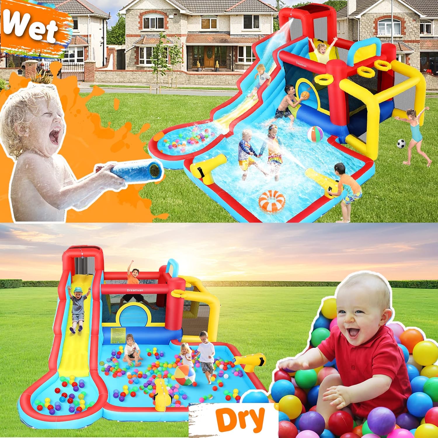 Inflatable Water Slide,Water Slide for Kids Backyard, 12 in 1 Water Bounce House with Long Slides,Basketball&Soccer Hoop,Splash Deep Pool,Water Cannon for Outdoor Party,Water Park with 550W Blower