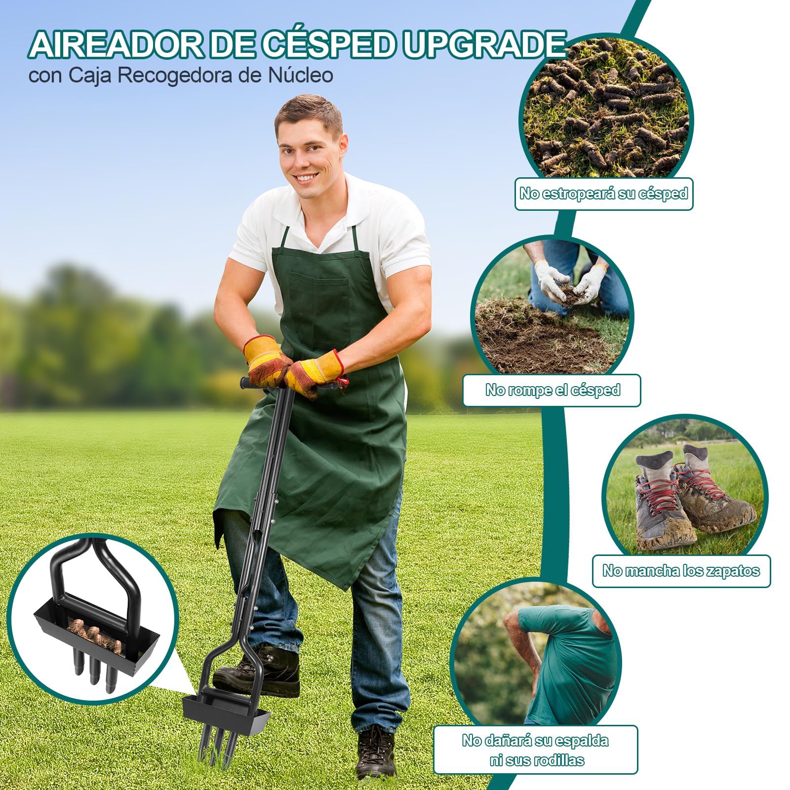 HYCHIKA Aireador de Césped, Aireador de Púas Huecas con 3 Púas Huecas, Caja de Recogida de la Columna de Tierra, Mango en T, Herramienta Manual de Aireación de Césped para Jardín, Cuidado del césped