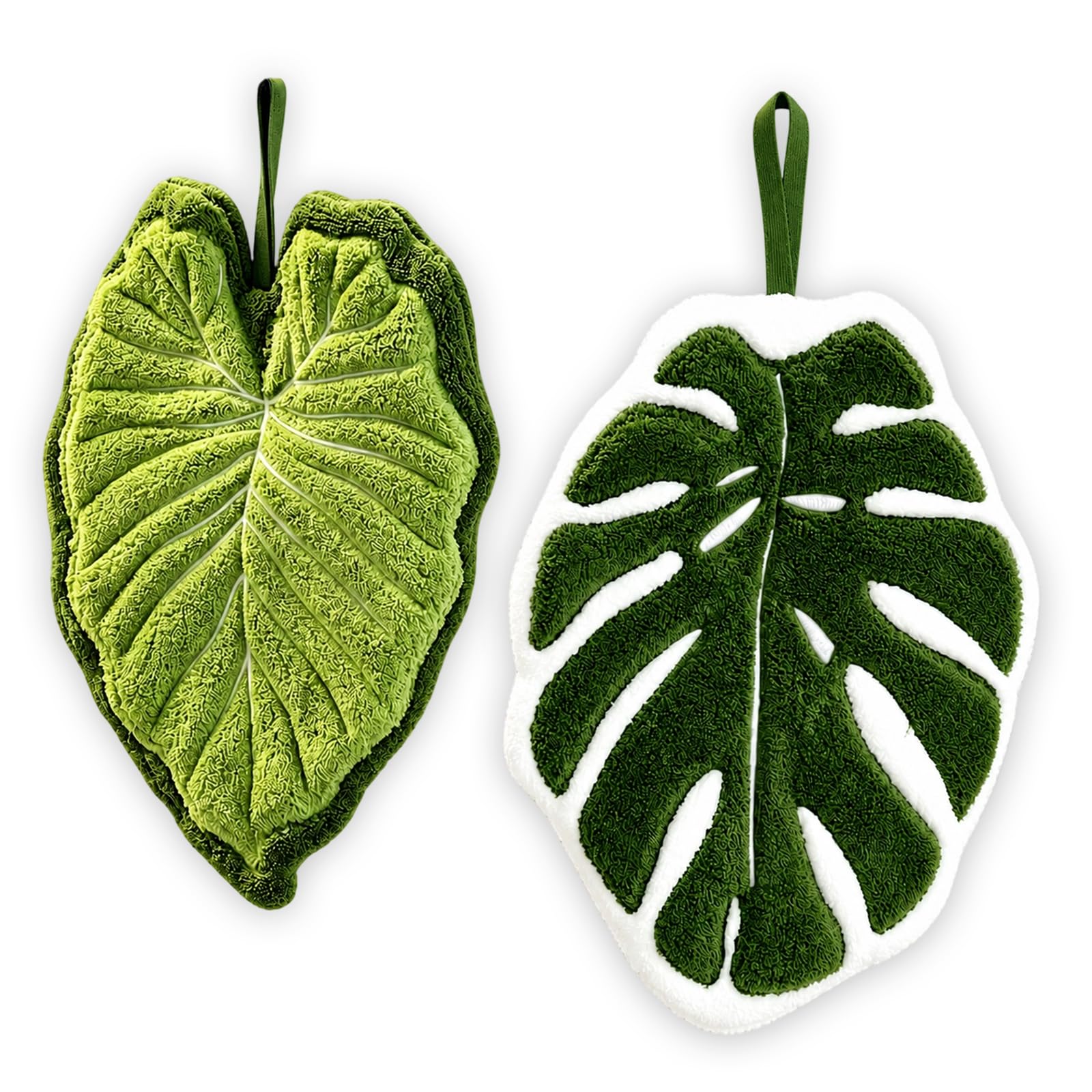 XZSKD Cleaning Cloths, Green Hand Towels with Tea Towel Design, Two Botanical Leaf Towels for Bathroom and Kitchen Use, Decorative and Functional at 26 by 20 cm