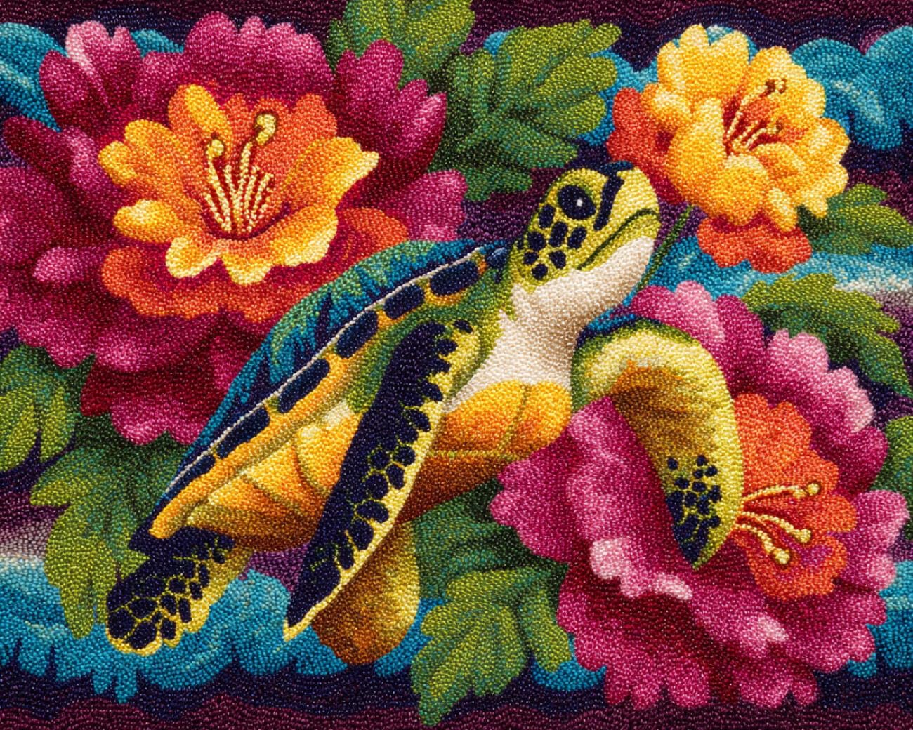 Henypt DIY Latch Hook Rug Kit Sea Turtles and Flowers 55x75cm