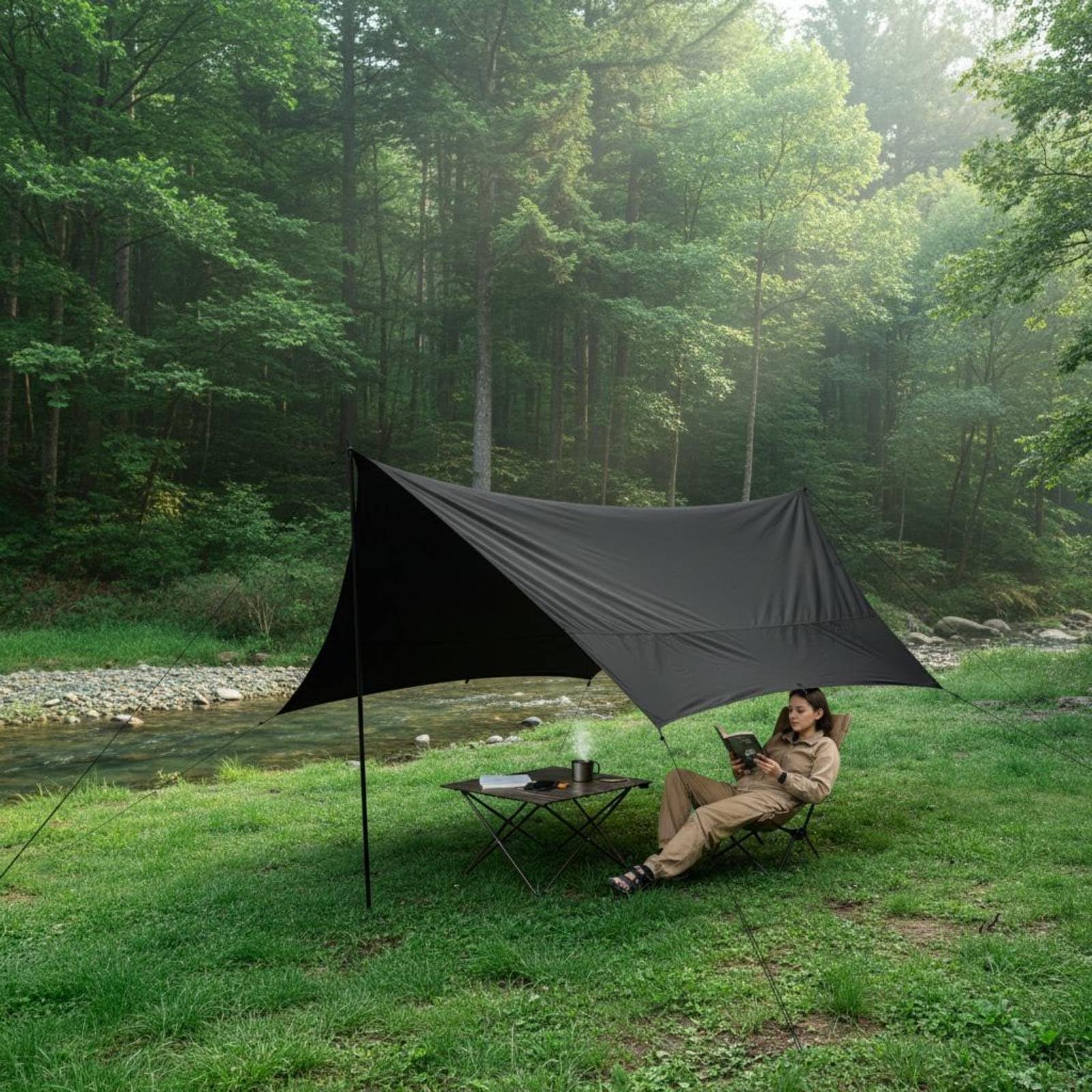 Portable Outdoor Shelter Motorrad Markise Outdoor Schutzplane Regenschutz Tragbar Zelt für Biker Rast Wanderungen Outdooraktivitäten, Schwarz Mit Komplettem Zubehör 440cm 200cm, Groß
