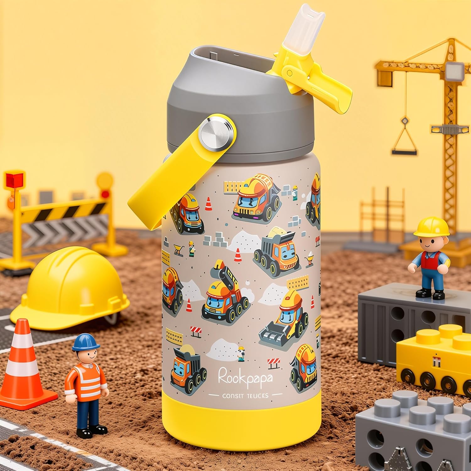 rockpapa 14 oz Kids Insulated Water Bottle,Stainless Steel Toddler Cups with Straws, BPA Free, Leak-Proof, Kids Water Bottle for School Boys& Girls (Grey Constr Trucks) - Image 2