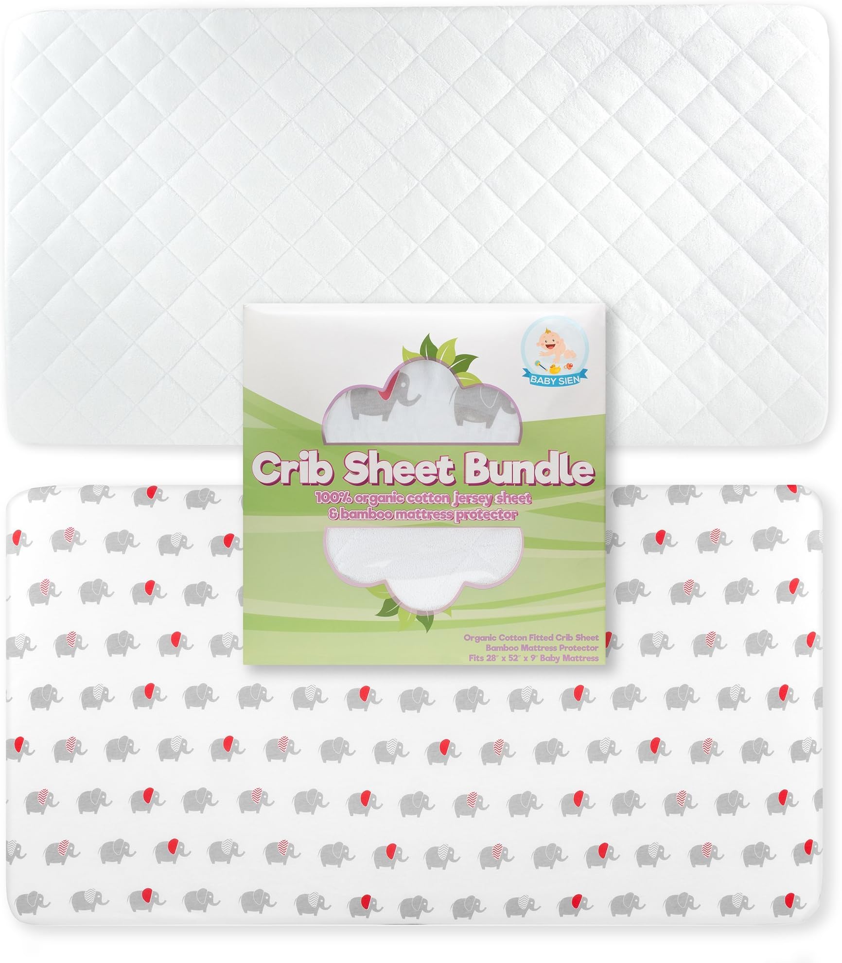 Crib Mattress Protector and Organic Sheets Combo : Soft Bamboo Woven Cover Pad with Baby Elephant Jersey Cotton Sheets, Hypoallergenic | Stain Mattress Protection