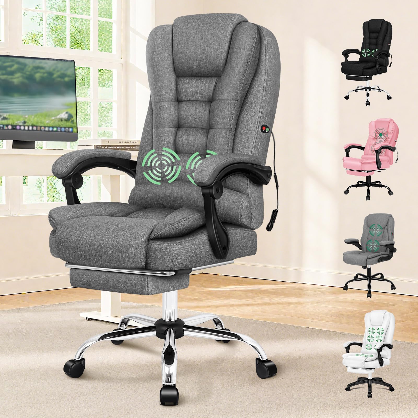 ELFORDSON 2-Point Massage Office Chair for Home, PC Gaming Chair with Footrest and Lumbar Support, High Back 150° Reclining Executive Desk Chair with Padded Armrest, Linen Grey