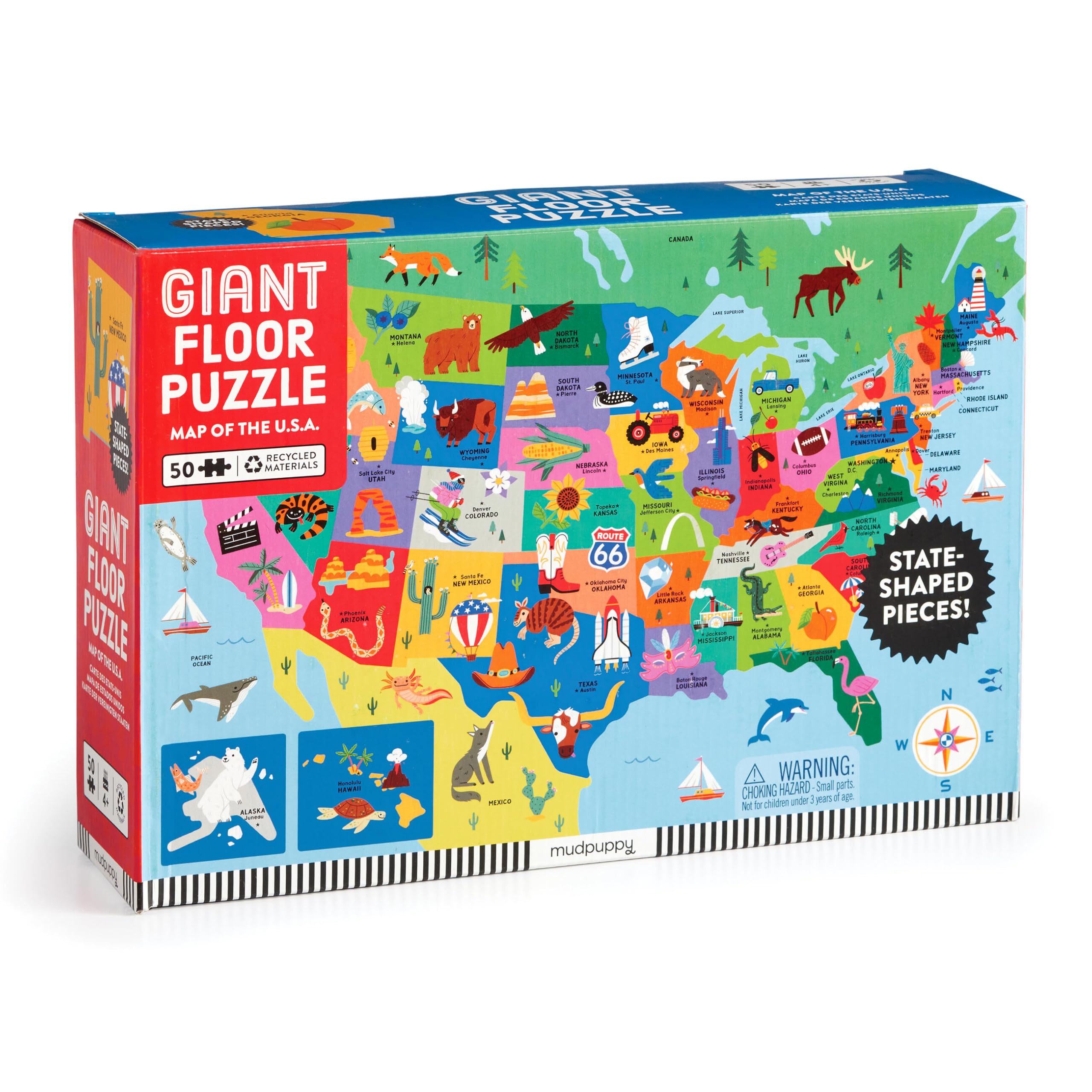 Mudpuppy Map of The U.S.A – 50 Piece Giant Floor Jigsaw Puzzle Featuring A Colorful Map of States with Capital Cities and Fun Cultural Icons