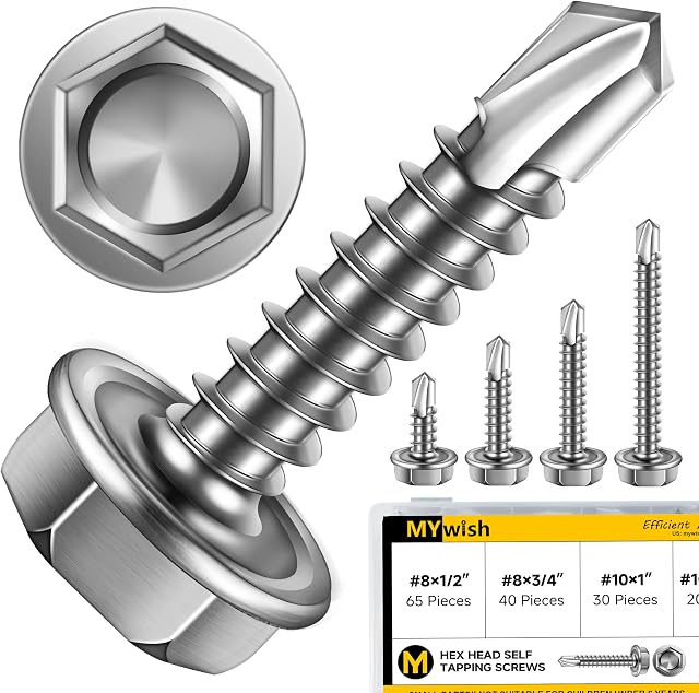 Mywish 410 Stainless Steel Self Tapping Screws for Metal, 155 Pieces #8#10 Hex Head Self Drilling Screws Assortment Kit, Length 1/2" to 1-1/2", High Strength Sheet Metal Screws