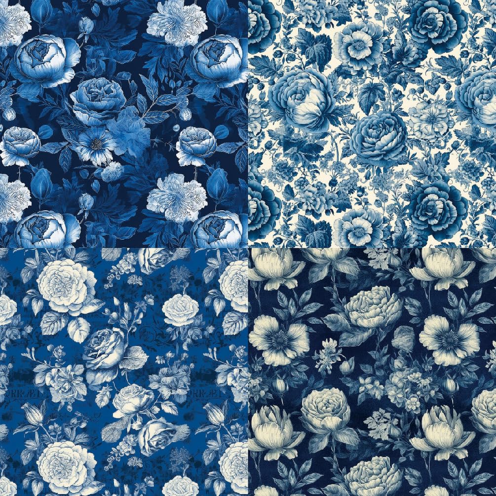 Papel para álbumes de Recortes, Papel con Estampado de Flores Azules de una Sola Cara, 6" x 6", 48 Hojas, 12 diseños, Papel Decorativo for Manualidades, Fotos de Bricolaje(Blue)