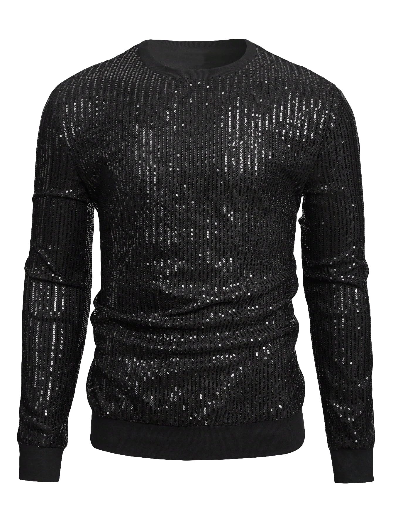 Photo 1 of WDIRARA Men's Glitter Sequin Round Neck Sweatshirt Long Sleeve Solid Pullover Top Black S