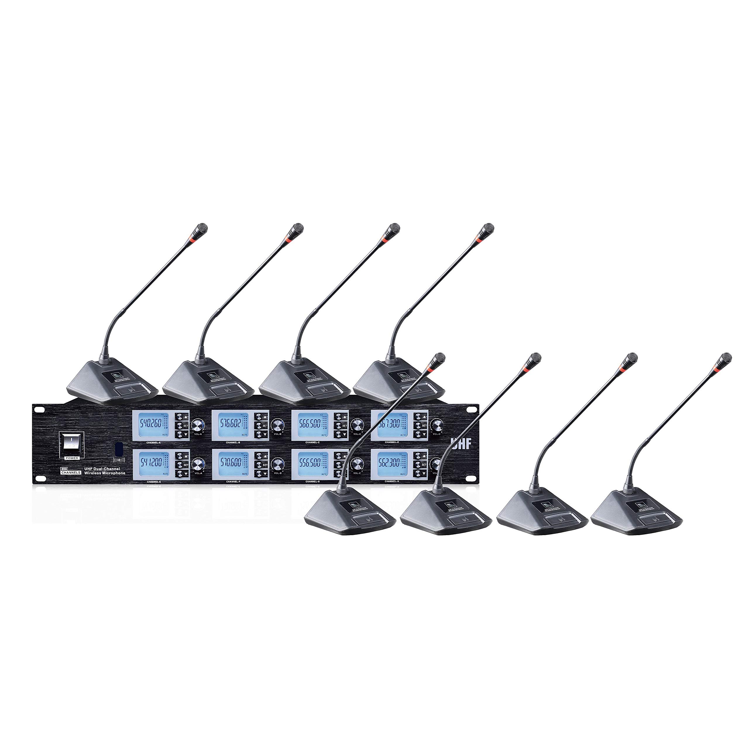 Microfono wireless per sala conferenze Sistema di microfoni UHF a 8 canali, 8 microfoni da tavolo a collo d'oca per esposizioni in chiesa, scuola, stadio, portata fino a 100 m, ricezione antenna 8