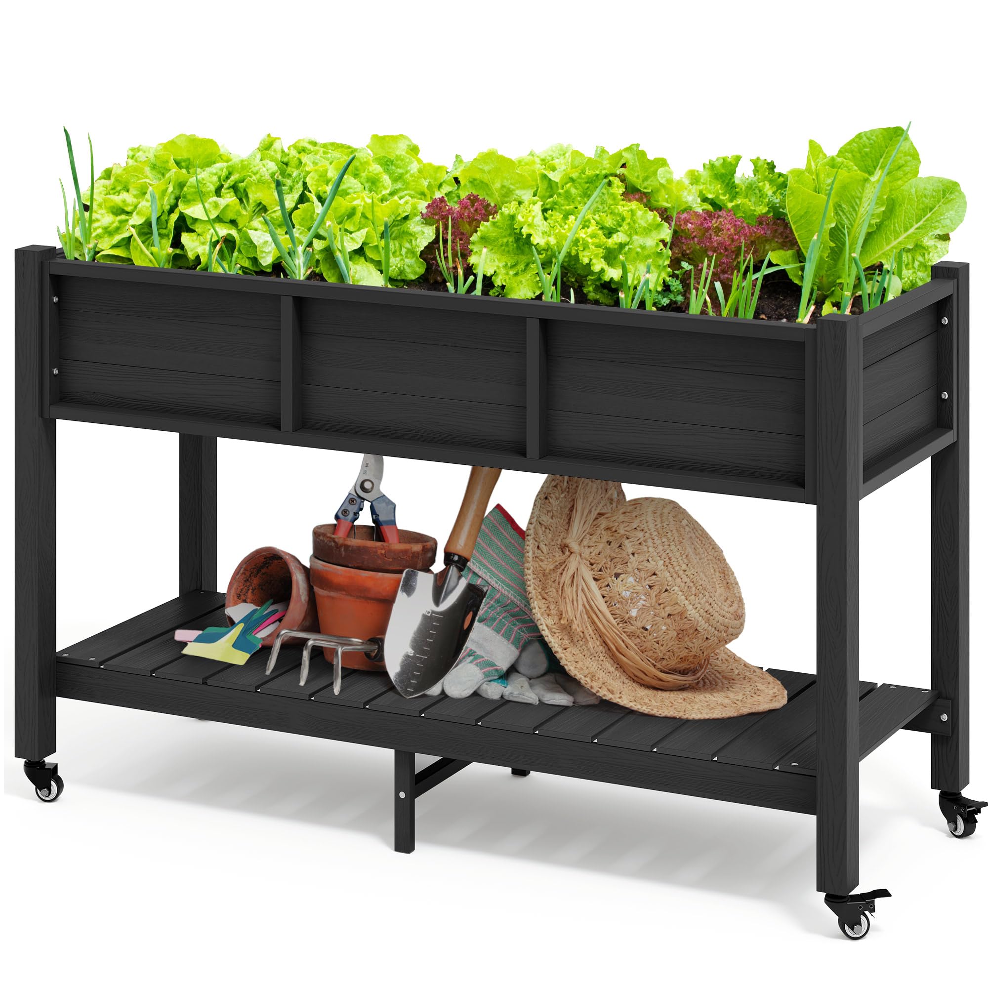 DWVO 47x18x3in Raised Garden Bed Outdoor HDPE with Legs and Lockable Wheels, Weather-Resistant Poly-Wood Elevated Planter Box, Double Tier Planters