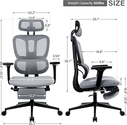 Miniatura 2 de Silla de oficina de malla con reposapiés retráctil, silla de escritorio ergonómica, respaldo alto, reposacabezas ajustable y reposabrazos 4D,