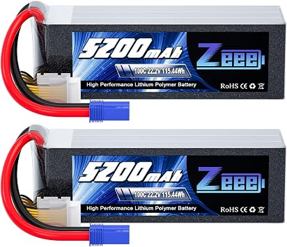 Zeee 6S 5200mAh Lipo Battery 22.2V 100C with EC5 Connector Soft Pack RC Battery for RC Car Truck Airplane Helicopter Quadcopter Boat 2 Pack
