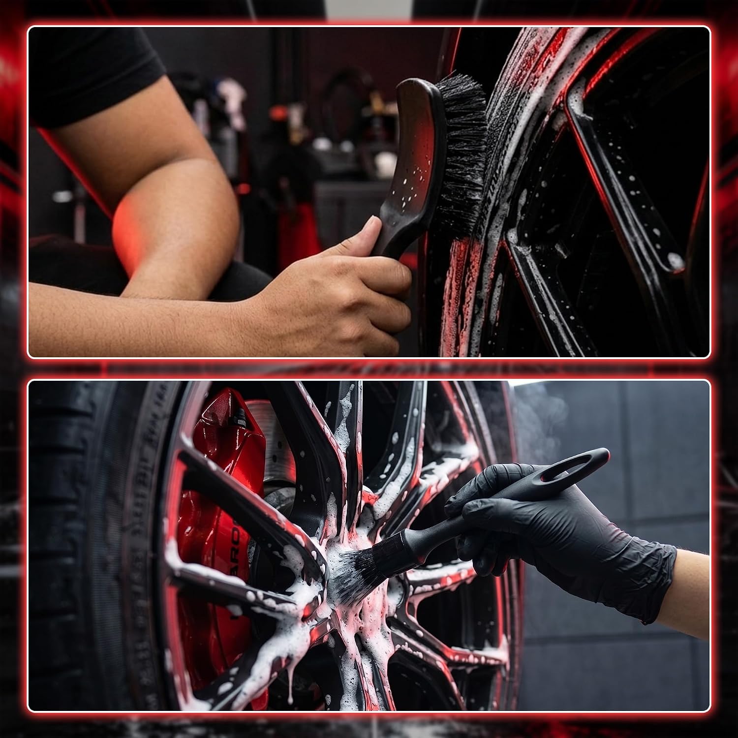 SIMPOR 5 Pcs Wheel & Tire Brush Kit with Cleaning Towel, 2 Long Handle Soft Microfiber Wheel Cleaning Brushes, Stiff Tire Brush, Car Detailing Brush, Non-Scratch Bendable Rim Cleaner Brush Set