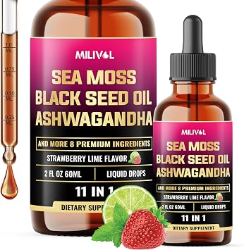 11in1 Sea Moss Liquid Drops - Irish Sea Moss with Black Seed Oil, Ashwagandha & 8 Other - Supplement for Immune, Skin, Digestion - 2 Fl Oz - 60 Days