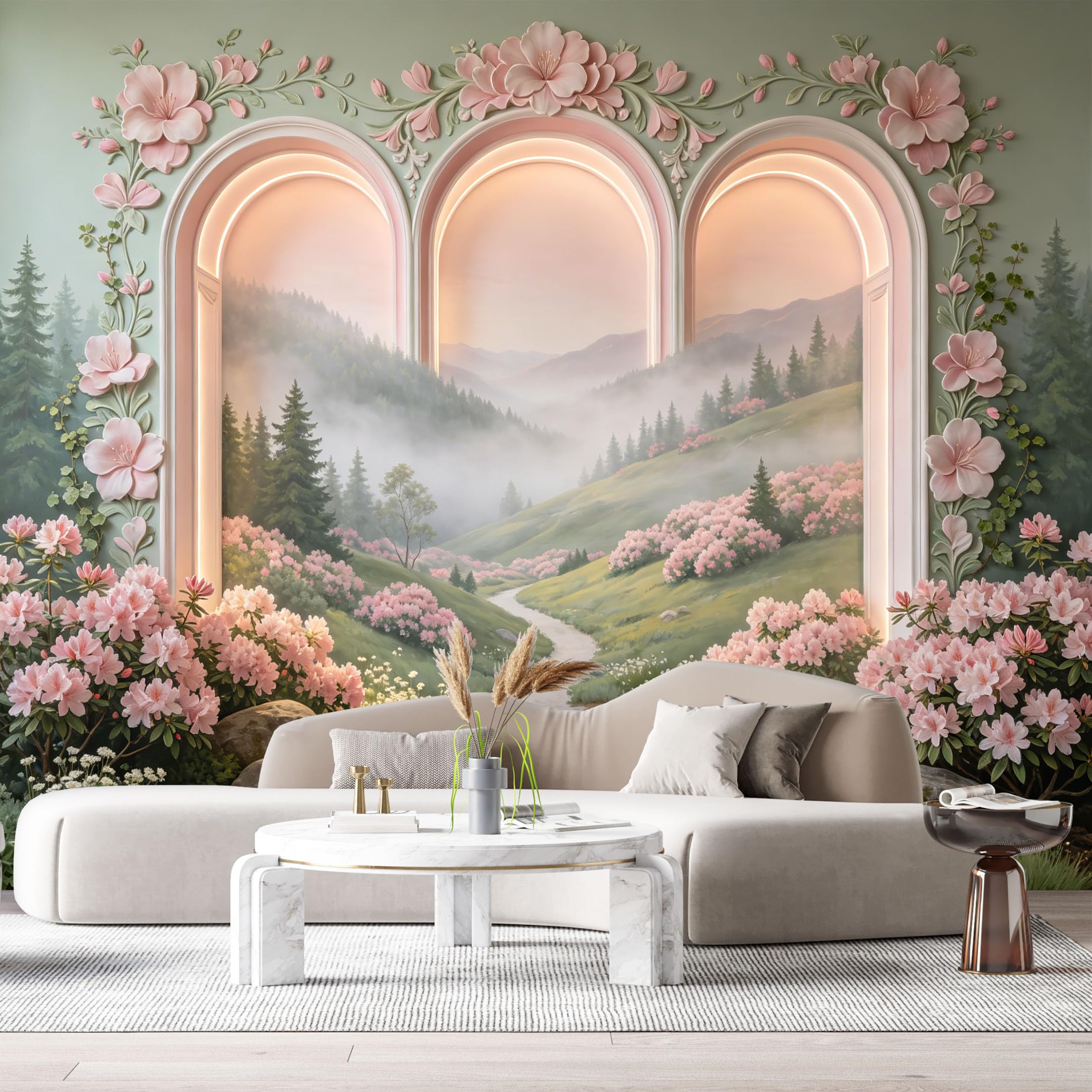 Custom Size Wall Murals Botanical Mountain View Archway 3D Trompe L'Oeil SelfAdhesiveWall Fabric Removable Wallpaper Wall Decor for Living Room Bedroom Bathroom