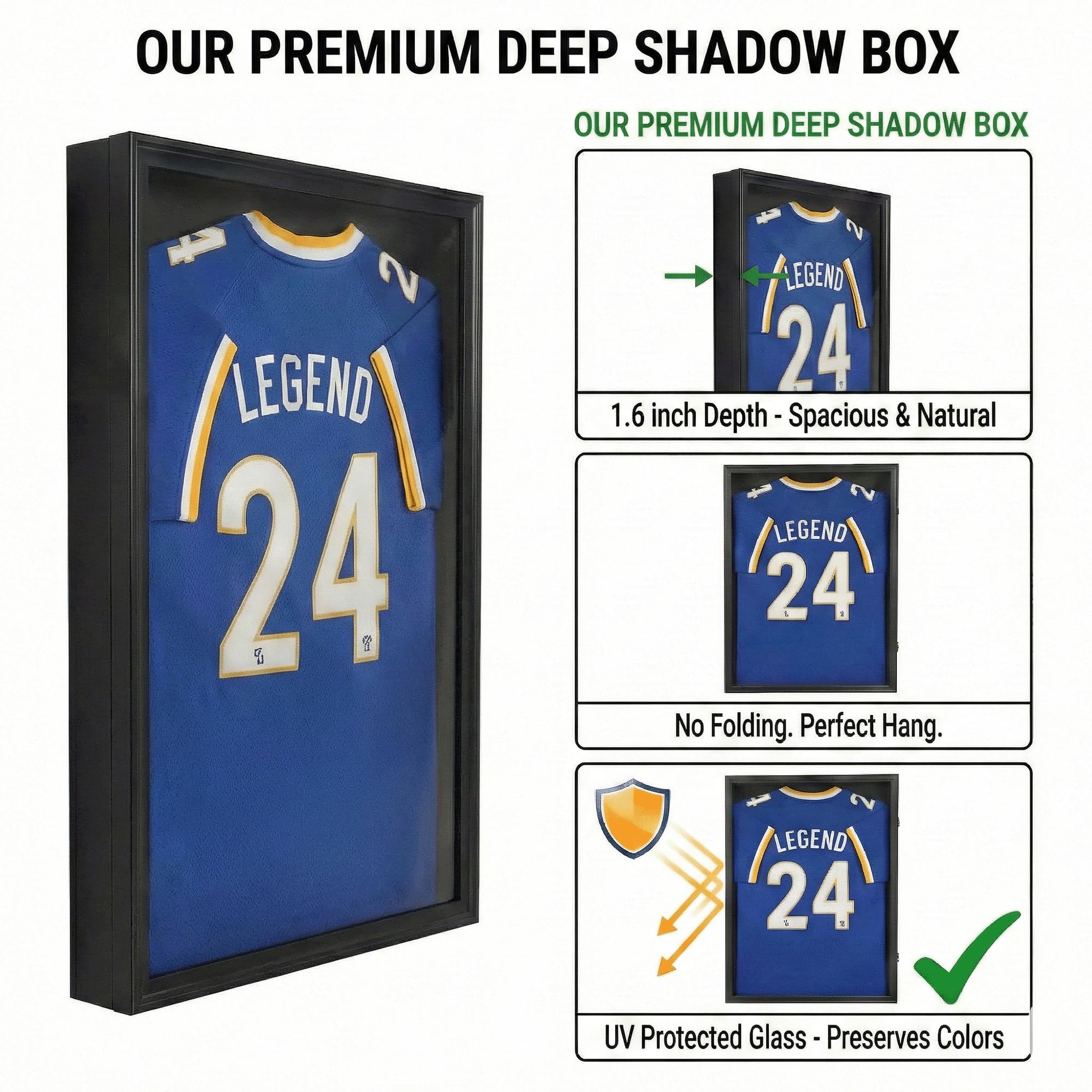 Crystal Lemon - Vitrina grande con marco de jersey, protección UV, vitrina de pared negra para recuerdos de baloncesto y fútbol, 31.2 x 23.2 pulgadas