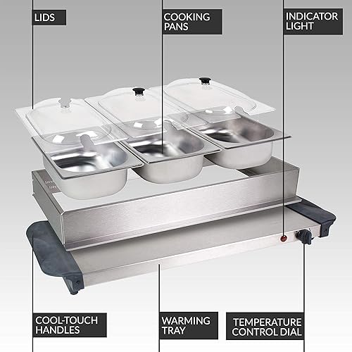 Miniatura 6 de HomeCraft HCBS15SS - Bandeja de cocción lenta y calentadora de acero inoxidable de 3 estaciones de 1.5 cuartos de galón, temperatura ajustable,
