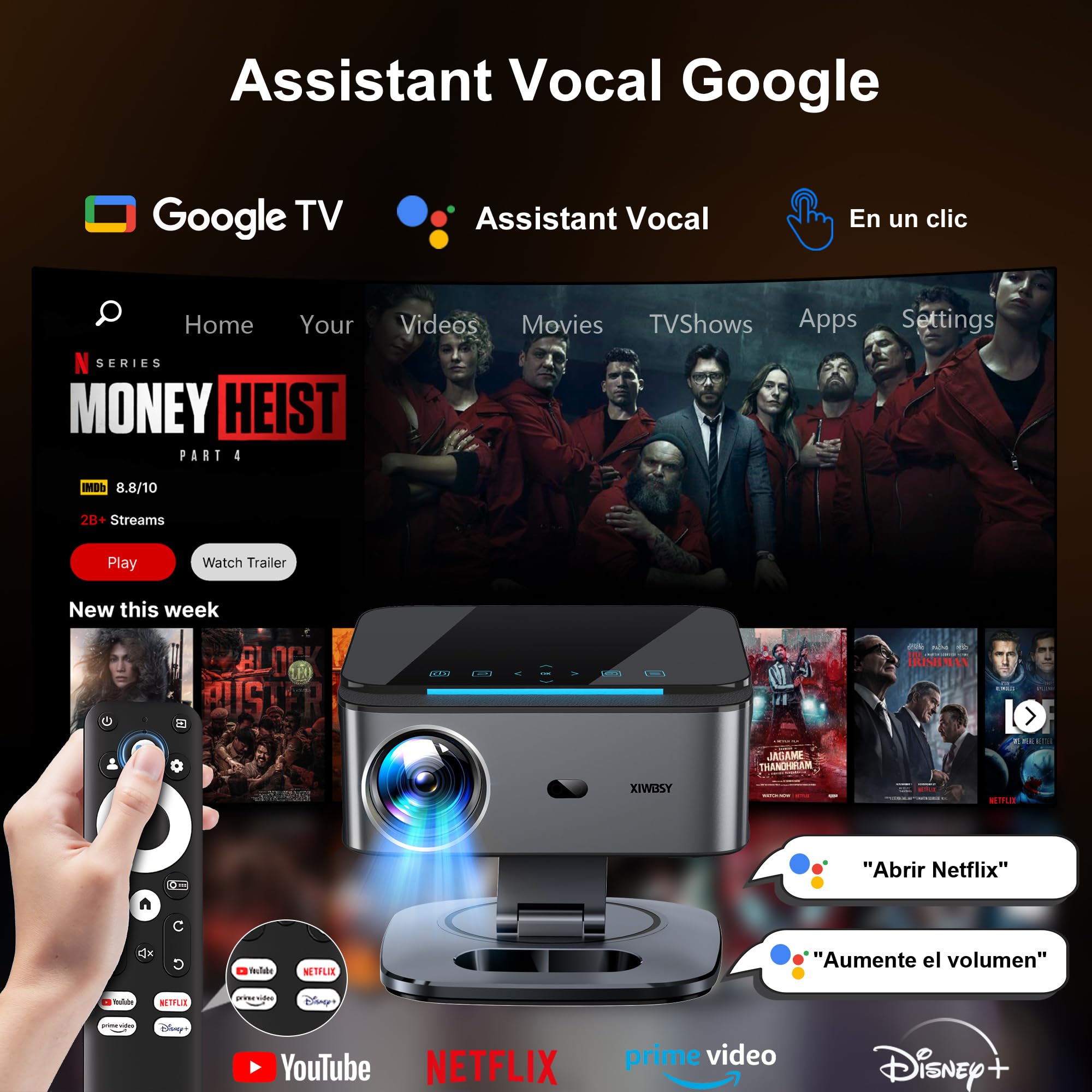 Videoprojecteur【LIC Off Google TV/1500 ANSI/Rotation 360°】 XIWBSY 2026 Projecteur Video Contrôle Vocal, Auto Focus/Keystone, Retroprojecteur 4K Supporté 38000 Lumen, Projector Bluetooth Home Cinéma