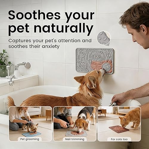 Miniatura 3 de OHMO Alfombrilla para lamer perros y gatos (9.8 x 5.9 pulgadas, ceniza + beige, 2 piezas) accesorios de enriquecimiento juguete estrella espacial