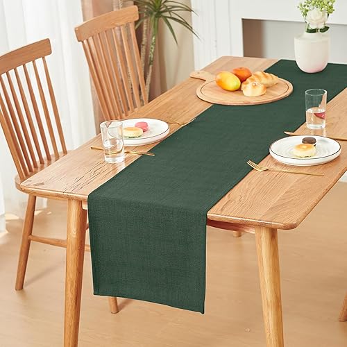 Miniatura 4 de Camino de mesa estilo lino, lavable, rústico, para decoración de mesa de comedor, café, sala de estar, Navidad, Acción de Gracias (verde oscuro, 14