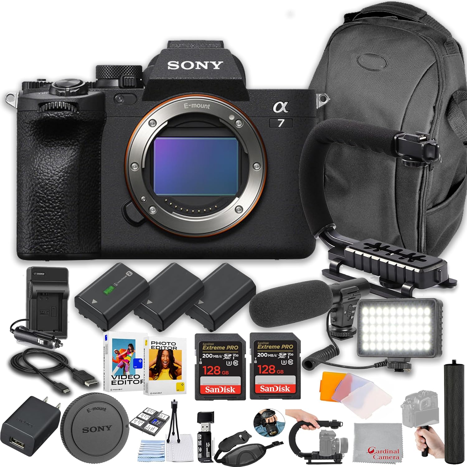 Sony A7 IV Full-Frame Exmor R CMOS BSI Sensor, 33MP Mirrorless Camera + 256GB Memory + Microphone + LED Video Light + Spare Batteries + U-Grip + Hand Grip + More (Pro Bundle)
