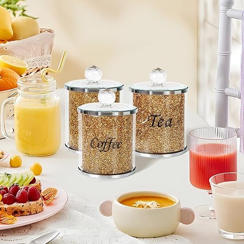 Miniatura 10 de Topsky Juego de 3 recipientes de cristal para té y azúcar, diamantes triturados de cristal brillante, juego de almacenamiento de tarros de café de