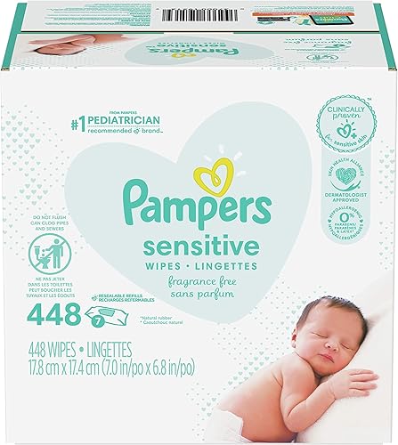 Pampers Toallitas para bebés sensibles sin perfume, 7 paquetes de repuesto (no incluye envase), 448 unidades