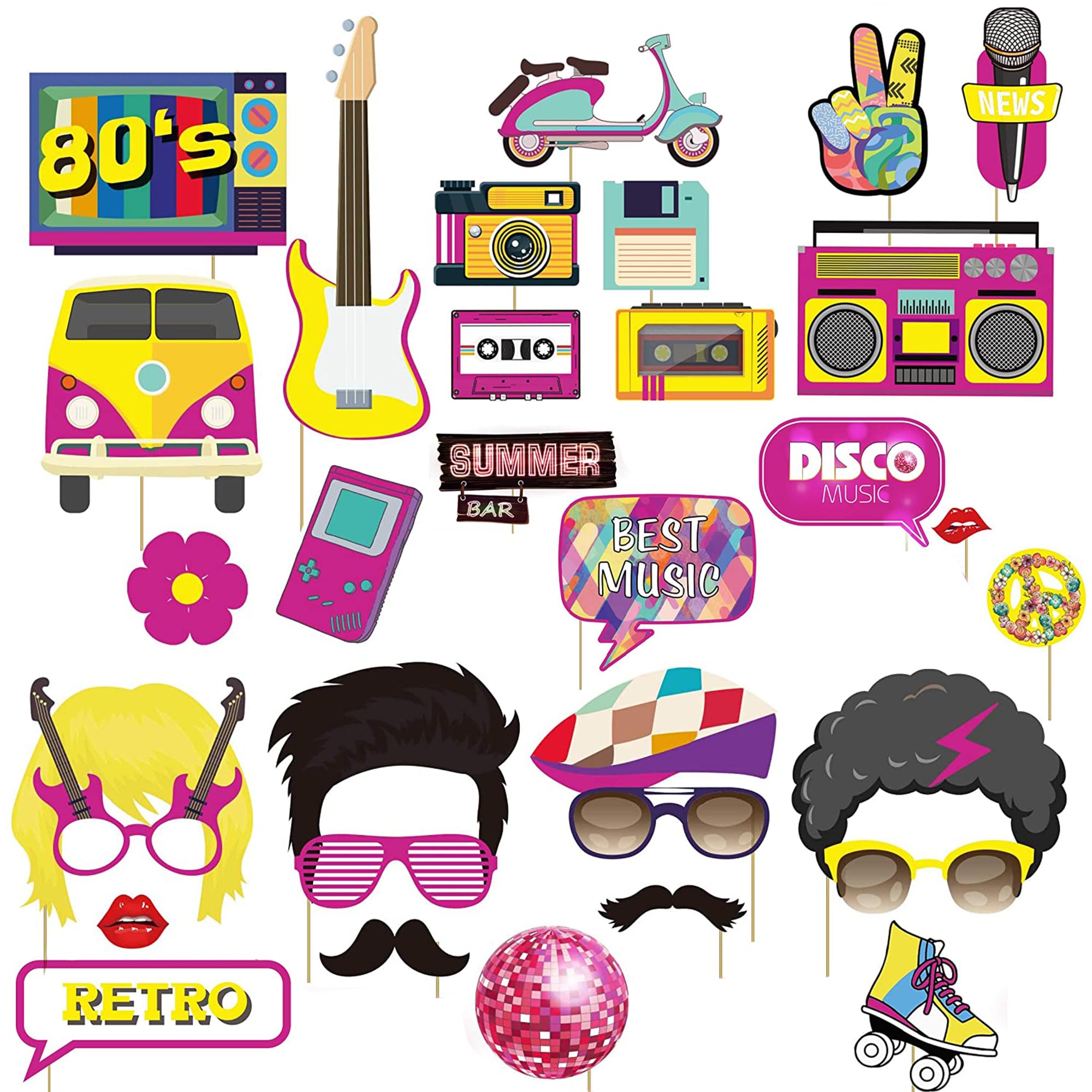 Trimming Shop 33pcs Disco Photo Booth Props, 80s Retro Party Selfie Kit