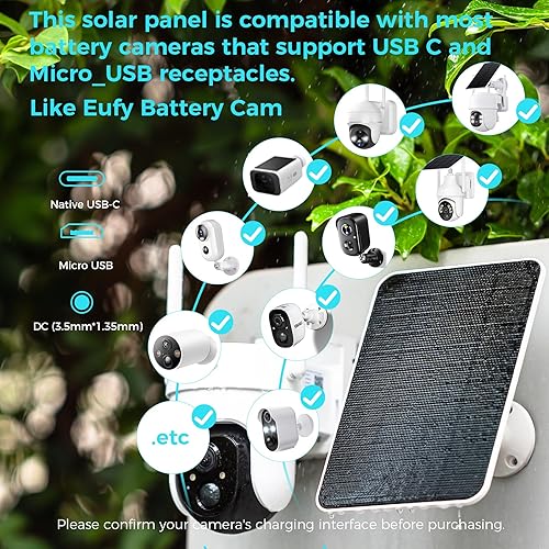 Vista 3 de Panel solar de 5 V para cámaras Seucrity, alimentador de pájaros, Ring Tapo Eufy Hiseeu Netvue Trail Batería Nativa USB-C, Micro-USB y DC 0.138 in*