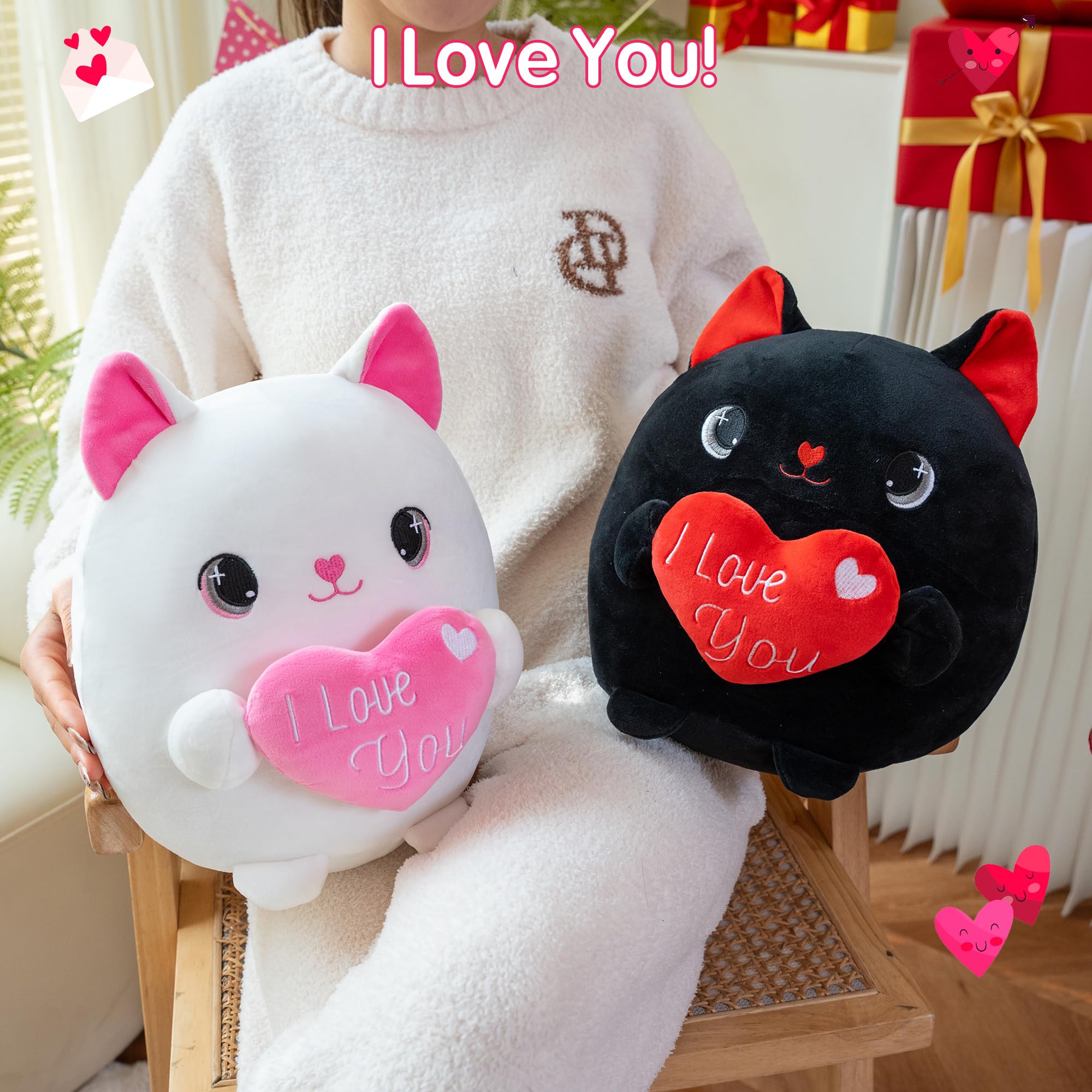 Xfrog Pluszowa zabawka kot 25 cm z sercem Kawaii, przytulanka, czarny kot, pluszak dla dzieci, na urodziny, Walentynki, dla dziewczyny