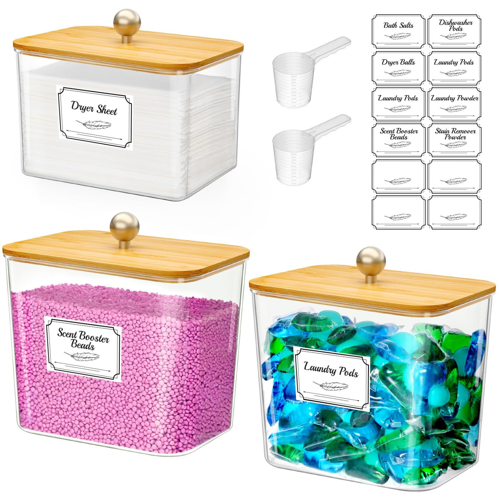 Lifewit Laundry Pods Container with Lid, 0.53+0.7gal, Natural, 3 Pcs