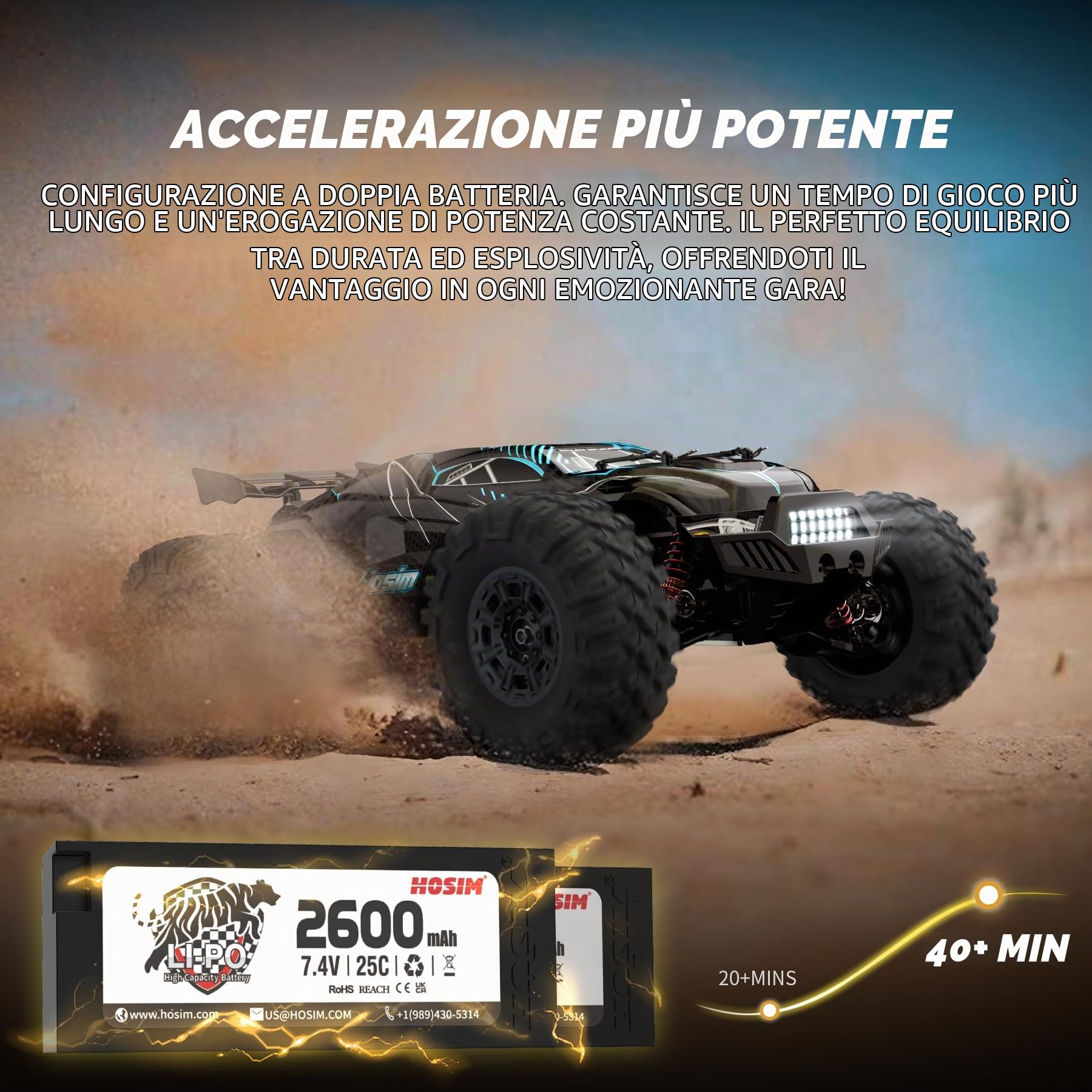 Hosim Auto radiocomandata brushless 1/10 per adulti, 68+ km/h, auto telecomandata ad alta velocità, 4 WD, impermeabile, fuoristrada, hobby, veloce RC Truck, 2,4 G, auto elettrica RC con 2 batterie per