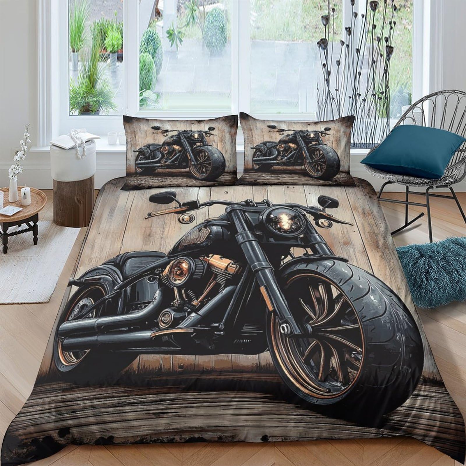 P5V6M1Q9 3D Printed Motorcycle Duvet Cover Microfiber Soft Breathable Retro Chopper Quilt Cover Set with 2 Pillowcases for Bedroom Decor Single（135x200cm）