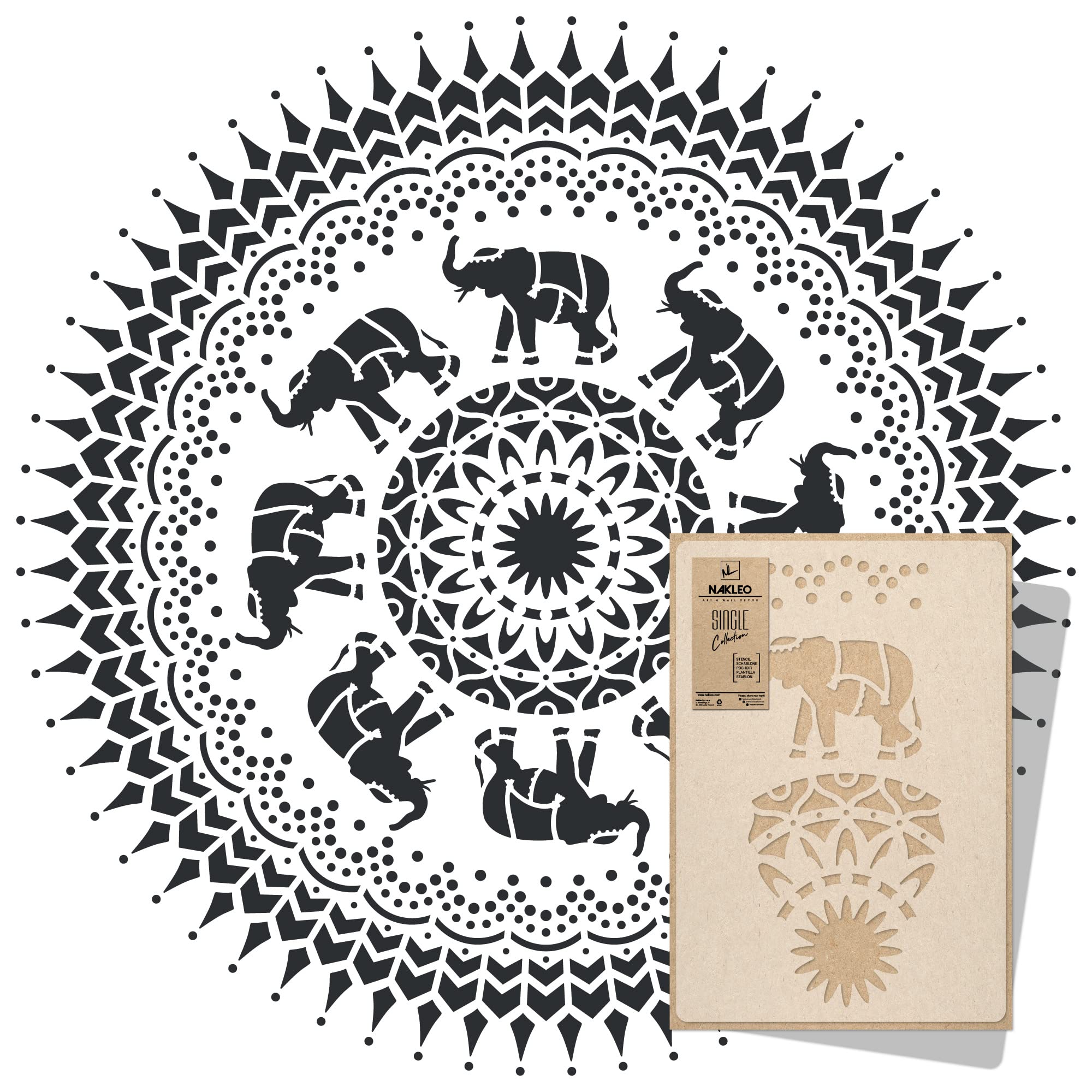 NAKLEO Mandala Large Painting Stencil Diameter 220 cm, Elephant Circle Mandala Geometric Ornament, Reusable Plastic Template DIY Art and Craft, Wall Floor Wood Fabric Furniture
