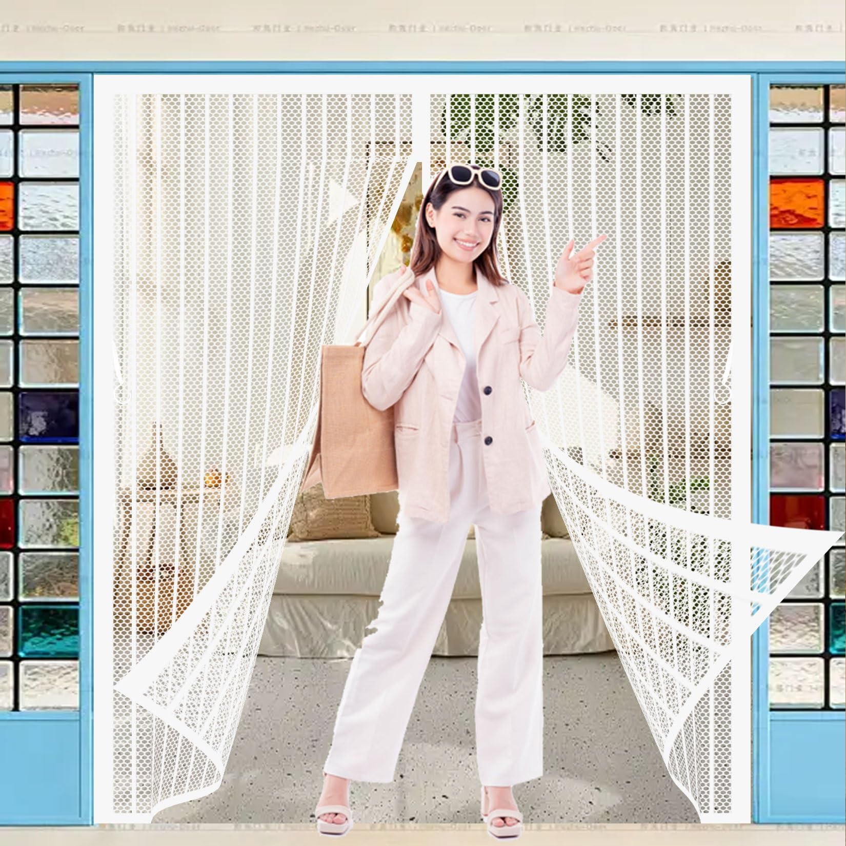 Magnetic Fly Insect Screen Door 133 x 148 cm Full Frame Magic Tape, Powerful Magnets Fly Screens Doors Nets No Drill Installation, Keep Bugs Out for Living Garage Doors, White