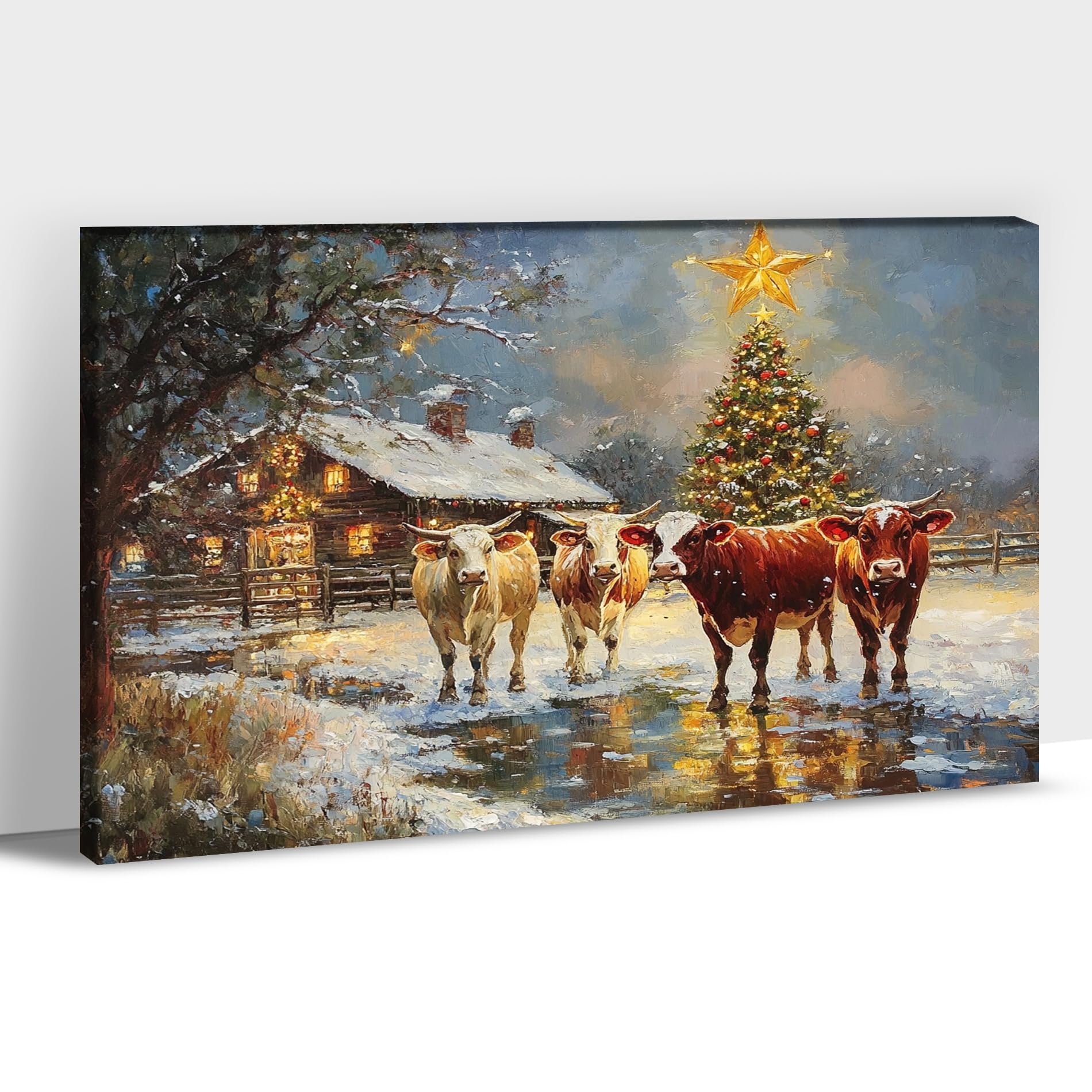 KVTM Christmas Wall Decor, Christmas Theme Cow Wall Art Winter Prints Animal Canvas Prints Art Warm Christmas Tree Pictures, Winter Snow Scene Indoor