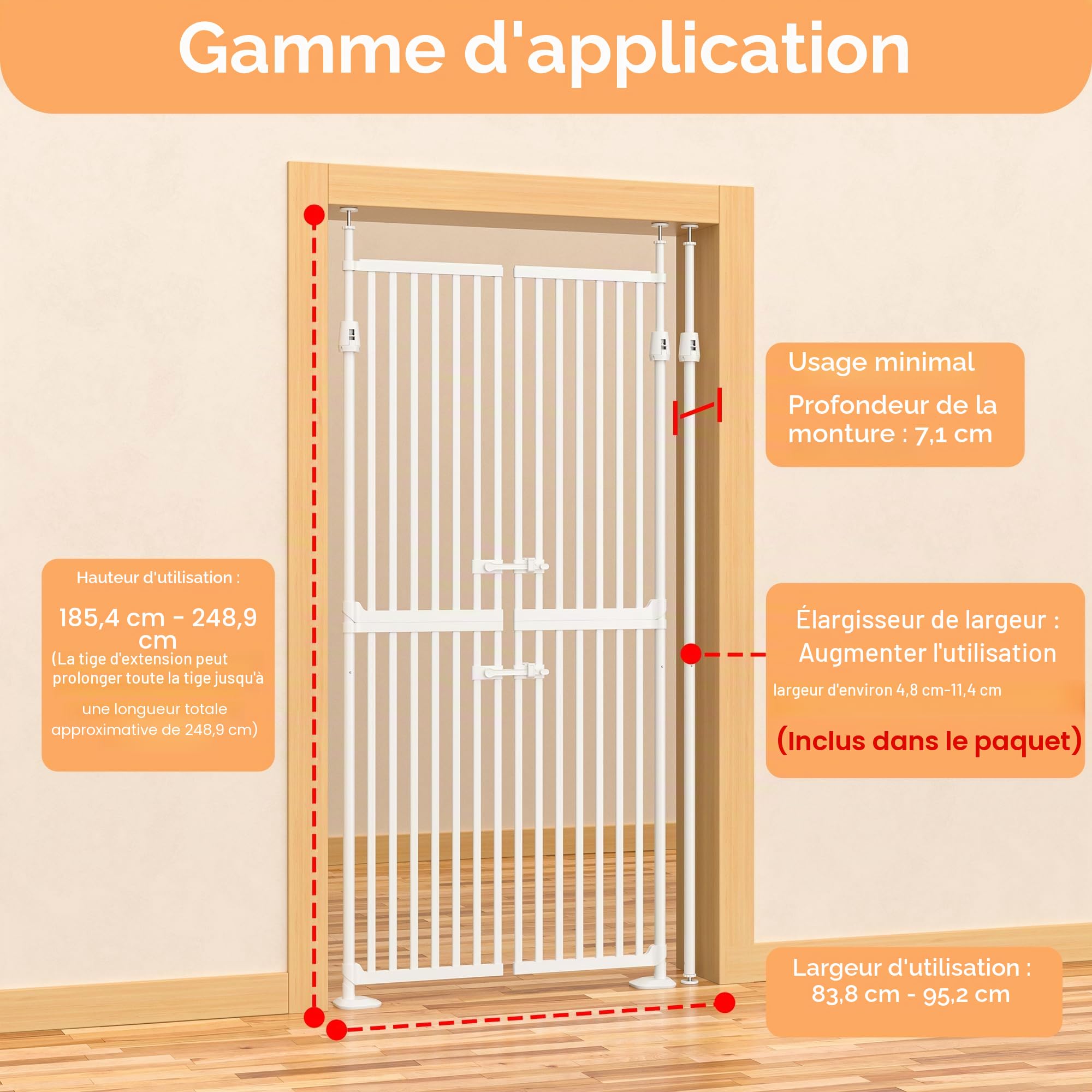 Barrière de sécurité pour chat de 180,3 cm de haut, 86 à 90 cm de large, espace extra étroit de 3,4 cm, fermeture automatique, sans perçage, double porte pour animaux de compagnie pour portes, cuisine