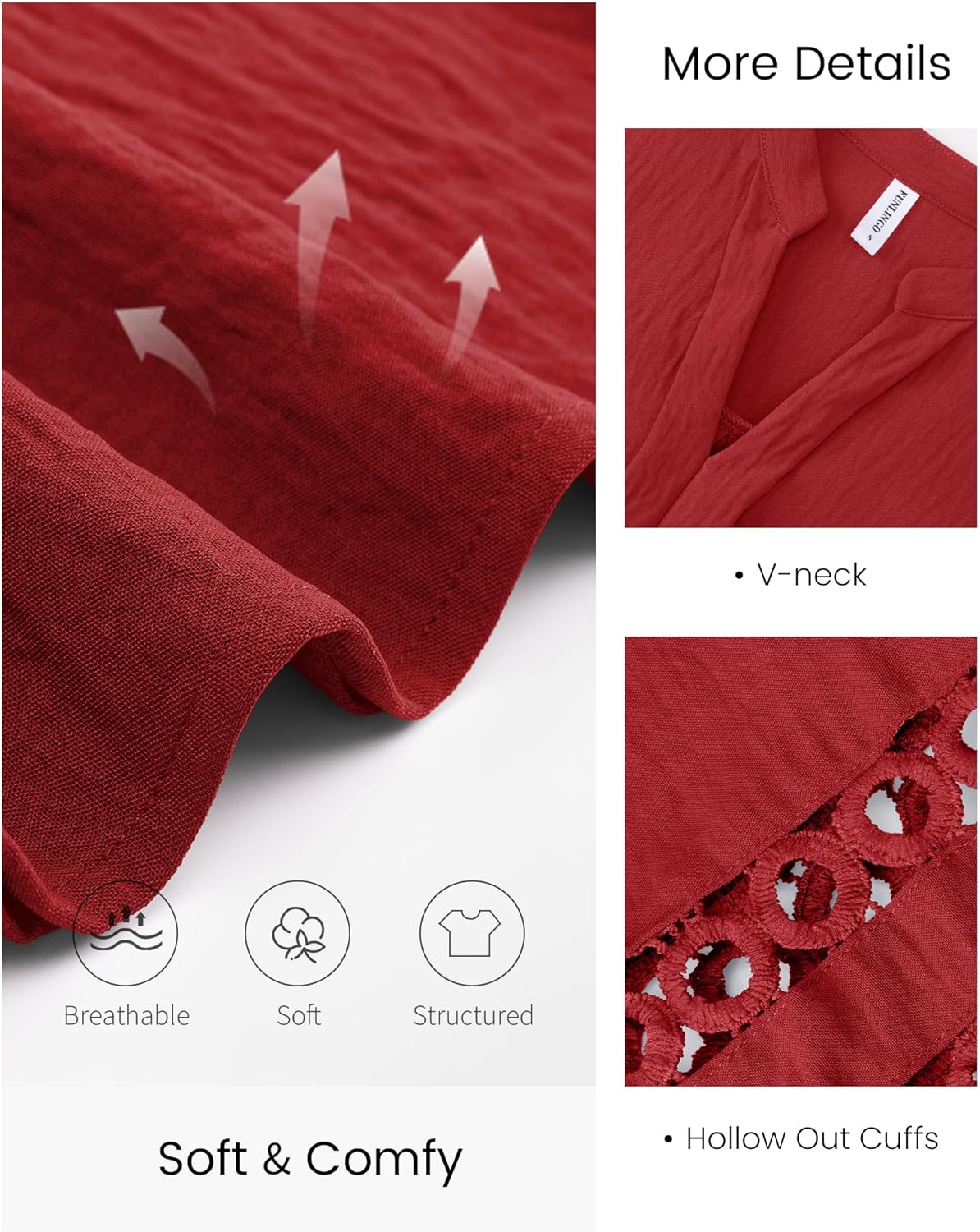 Funlingo 3/4 Length Sleeve Womens Tops V Neck Dressy Casual Blouses Lace Tunic Pleated Shirts Business Casual Outfits 2026 - Image 5