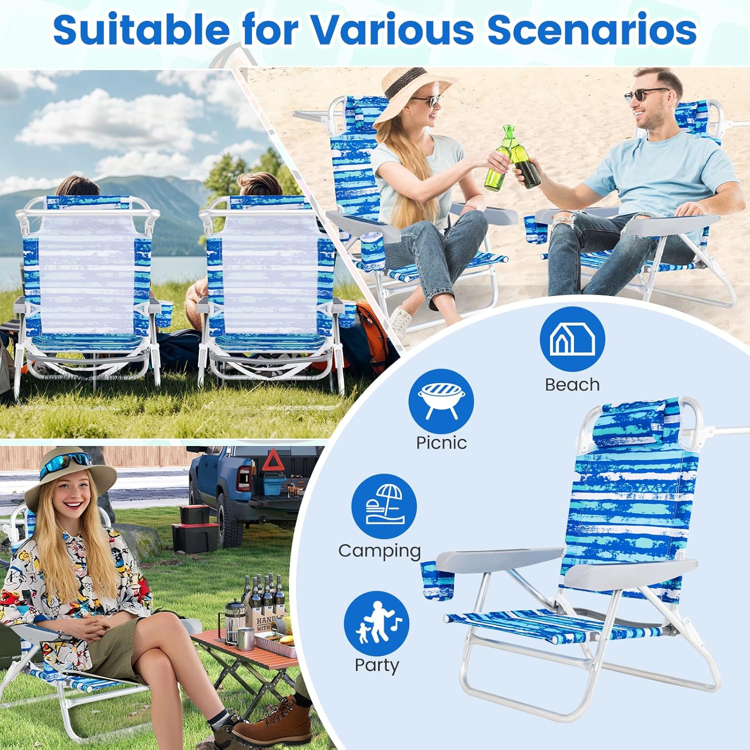 GYMAX Beach Chairs, 2Pcs Folding Camping Chair with Adjustable Backrest, Shoulder Strap, Cup Holder & Headrest, Portable Aluminum Lounger for Tanning, Sunbath, Lawn, Patio (Blue, 2 Chairs)