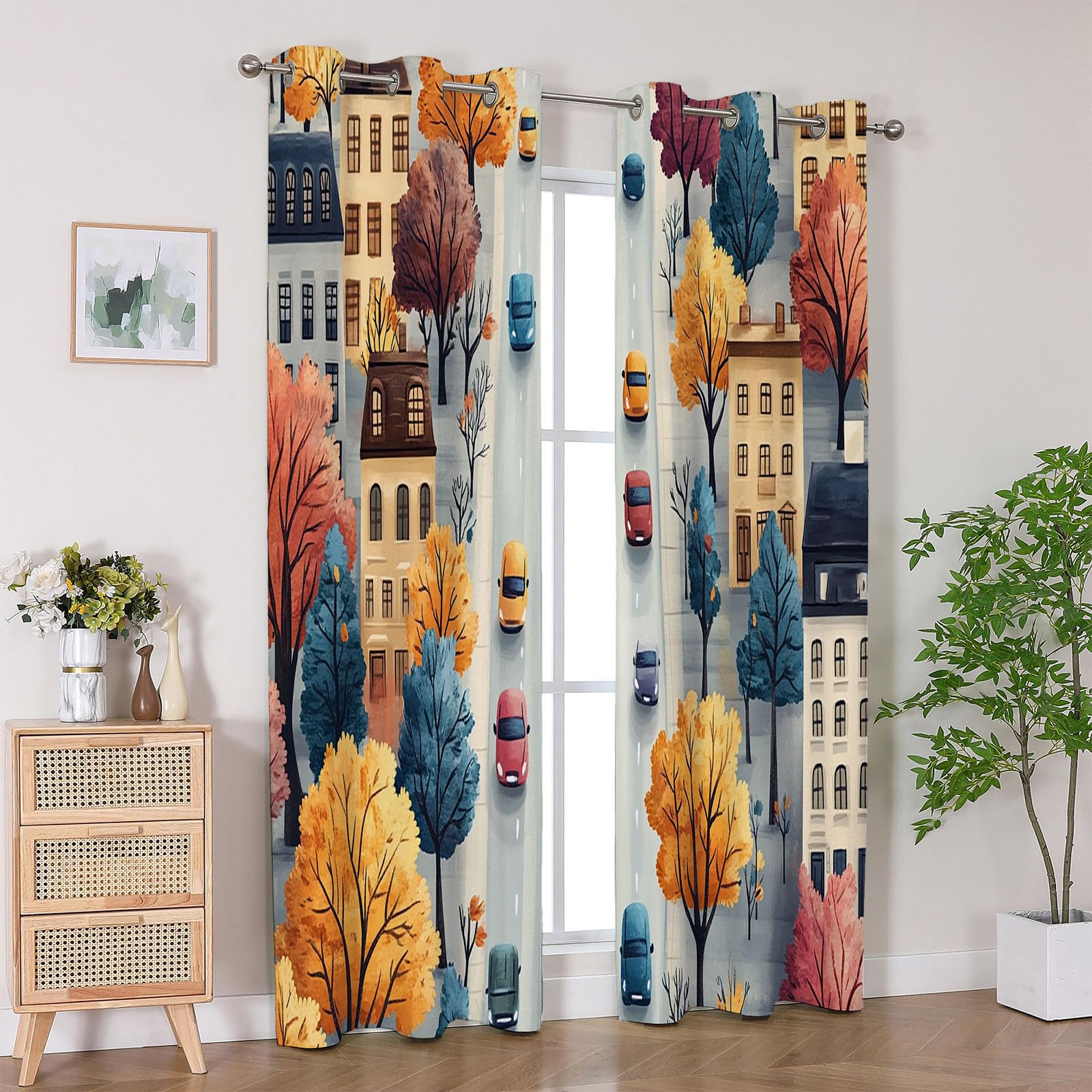 JOSUE Cortinas Opacas Dibujos Animados de Animales Albero colorato camera da letto, drappeggio con occhielli argentati, beige/verde-A230 x L160 cm (2 Pannelli)